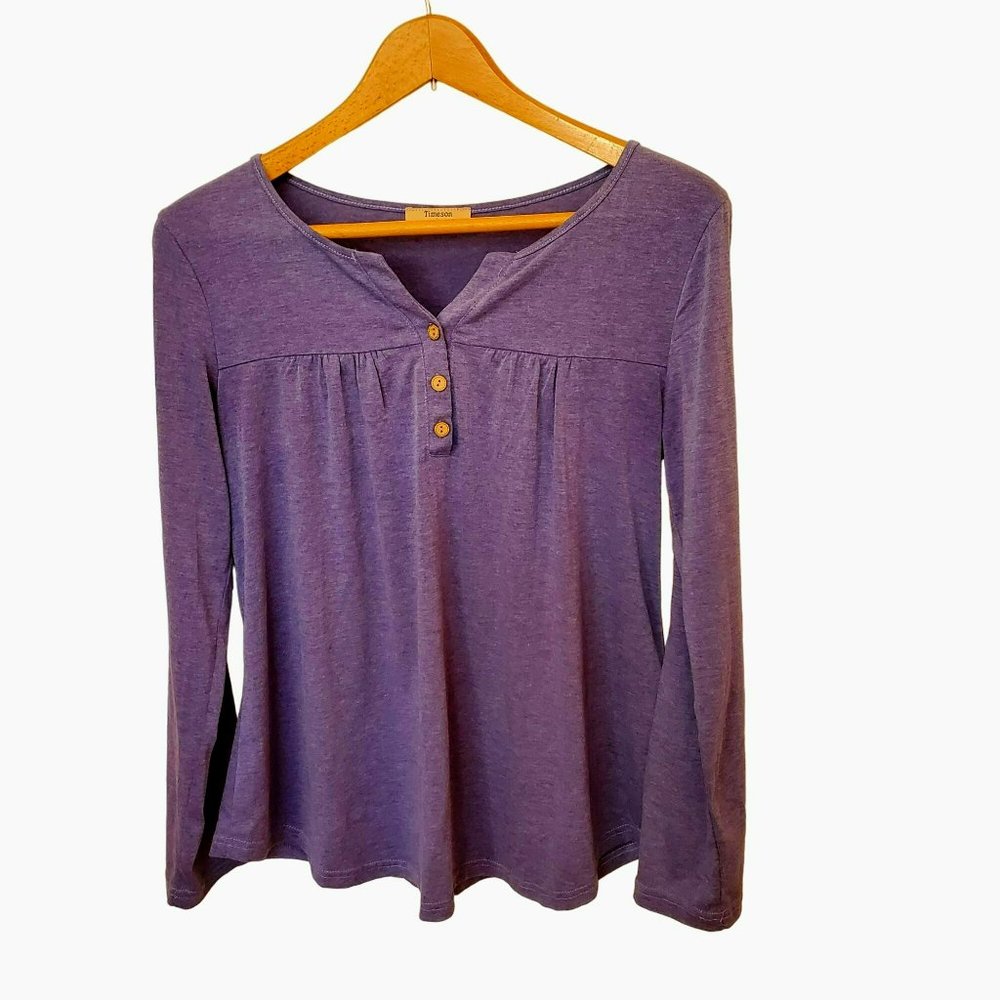 Timeson Long Sleeve Tunic Top, Size L, Blue Henley Button Up Blouse V-Neck